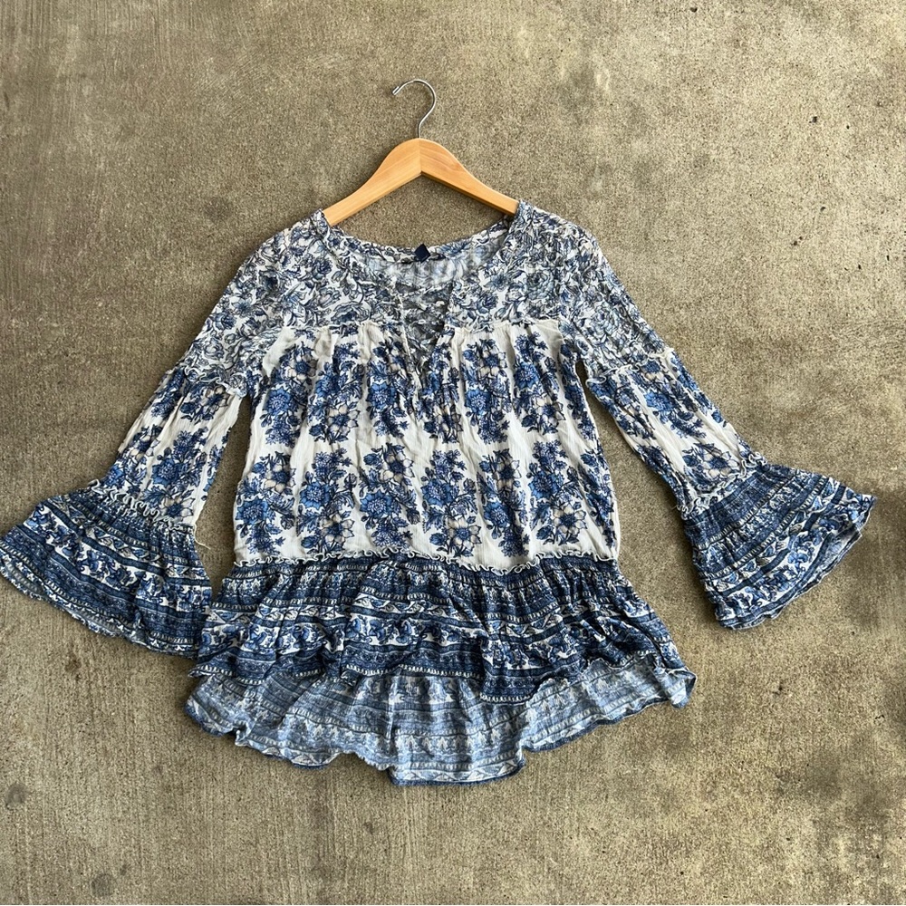 American Eagle Boho Tunic Floral Long Bell Sleeve Top Size XS 2000s